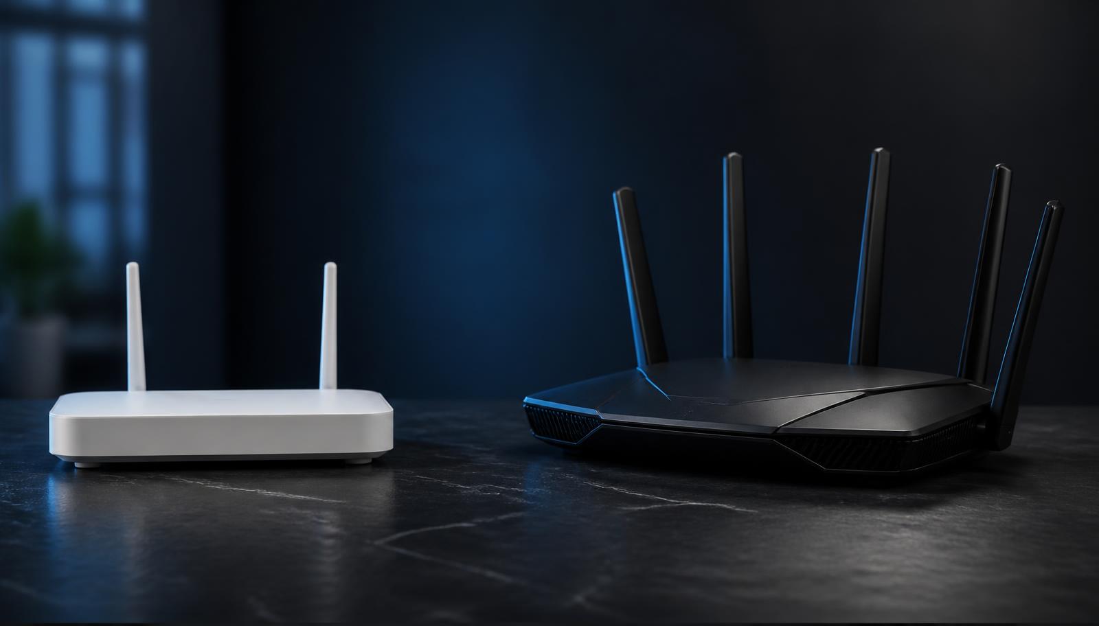Zwei Router nebeneinander: ein einfaches günstiges Modell und ein großer Premium-Router