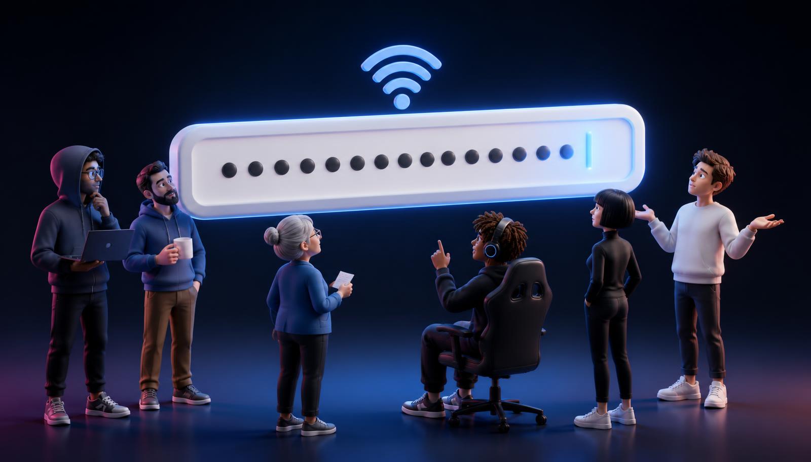 Überdimensionales WLAN-Passwortfeld mit Punkten, davor sechs unterschiedliche Charaktere als Sinnbild für verschiedene WLAN-Passwort-Typen
